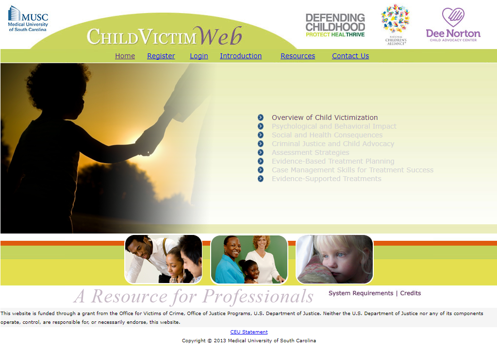 Screenshot of the homepage of the online training course, CVWeb - Child Victim Web, for victim service professional who are not mental health providers. 