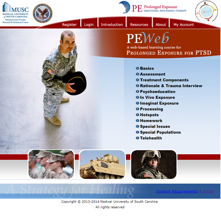 Screenshot of the homepage of the online training course, PEWeb, for learning Prolonged Exposure Therapy for PTSD.