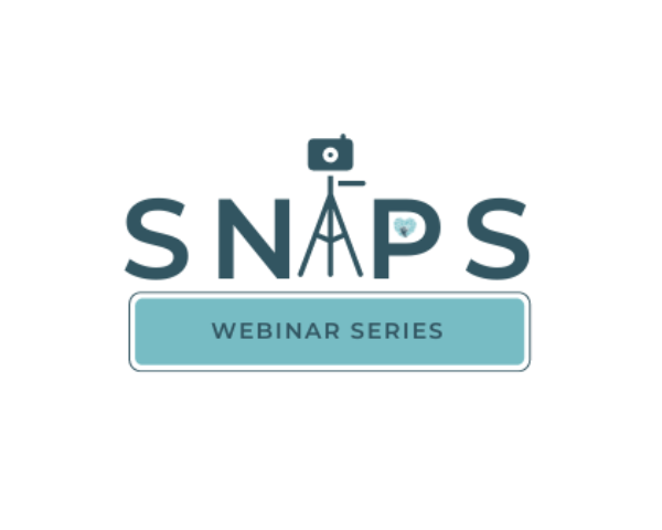 Logo for the SNAPS Webinar series consisting of the text SNAPS with the A replace by the image of a camera tripod, with a teal rectangle with rounded corners below it containing dark green text - Webinar Series. 
