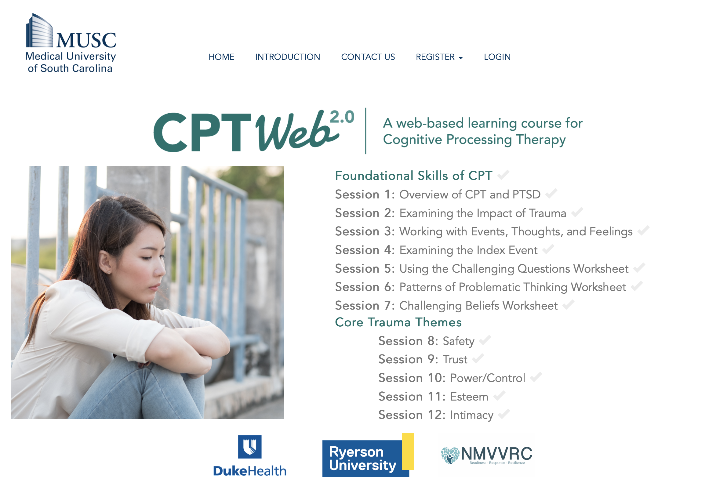 Screenshot of the homepage of the online training course, CPTWeb2.0, for learning Cognitive Processing Therapy for PTSD.
