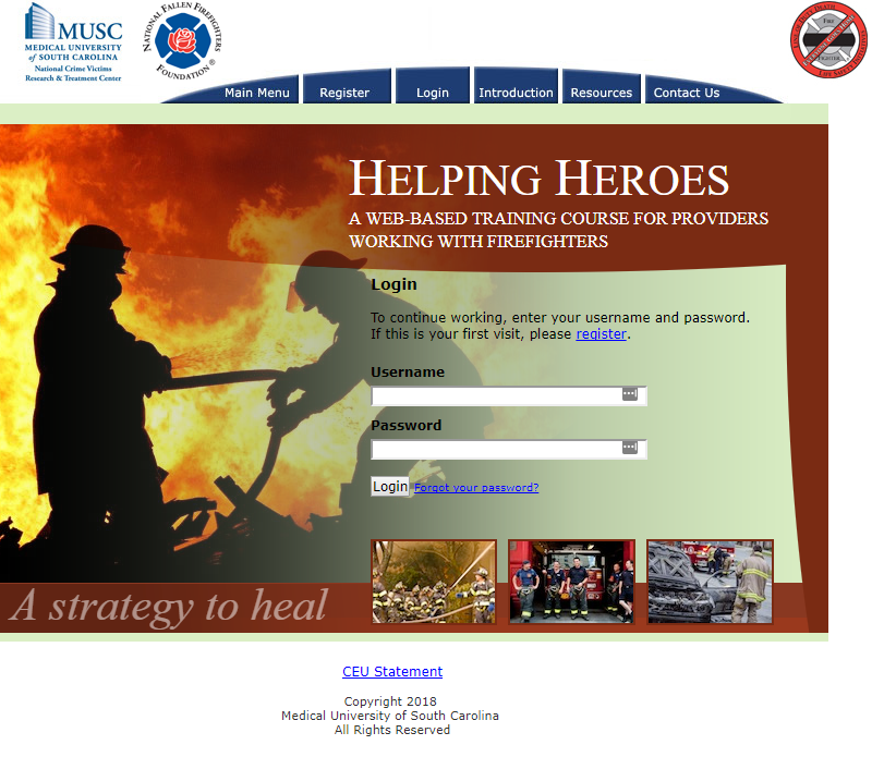 Screenshot of the homepage of the online training course, Helping Heroes, for mental health providers working with firefighters. 