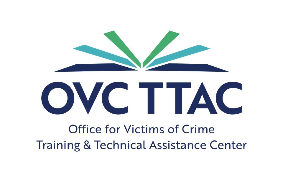 Logo for OVC TTAC, the Office for Victims of Crime Training and Technical Assistance Center including the acronym bolded and centered prominently and the full name below, both in midnight blue sans serif text. Above the acronym is a simplified pictogram evoking a book lying open with four pages standing above, the centermost two in green, two other pages in teal, and the flat covers in midnight blue. 