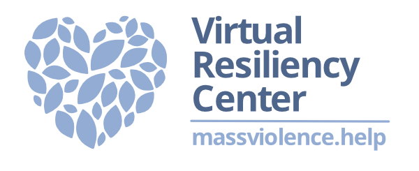 VRC logo featuring a collection of lavender-colored leaf-shapes arranged in the overall shape of a heart next to large text 'Virtual Resiliency Center' in dark purple with massviolence.help in smaller, lavender text below the name and a horizontal bar.