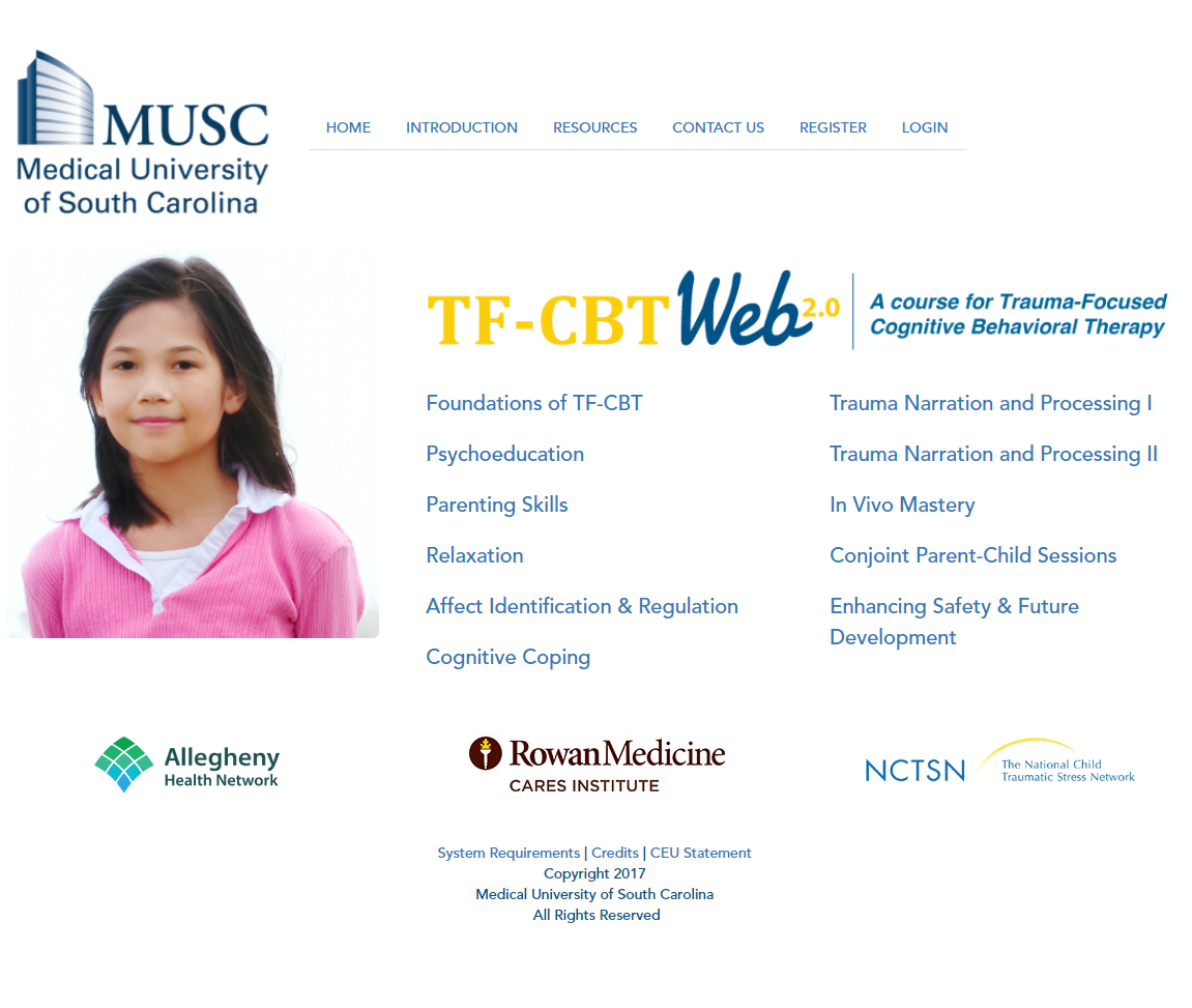 Screenshot of the homepage of the online training course, TF-CBTWeb2.0, for learning Trauma-Focused Cognitive Behavioral Therapy. 